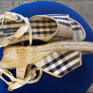 Burberry peep toe espadrille wedge tie up